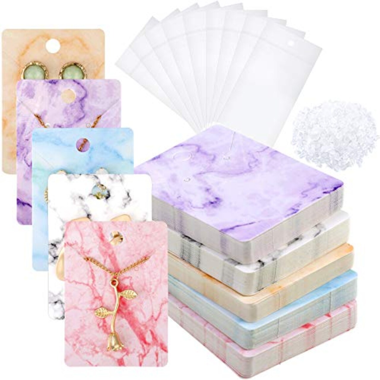 900 Pieces Marble Earring Necklace Display Card Holder for Selling, 250 Pieces 5 Colors Jewelry Display Cards 150 Pcs Self Seal Bags and 500 Earring Back for Jewelry Packing, 2 x 2.8 Inches (Marble)